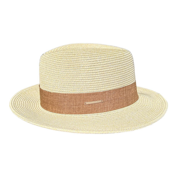 HAD111C Hat - Cream, Brown Band And Metal Plate
