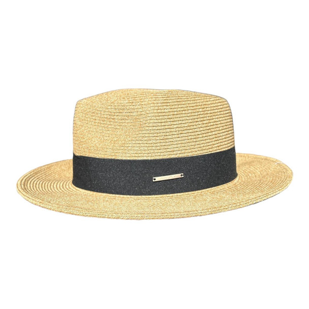 HAD111D Hat - Beige, Black Band And Metal Plate