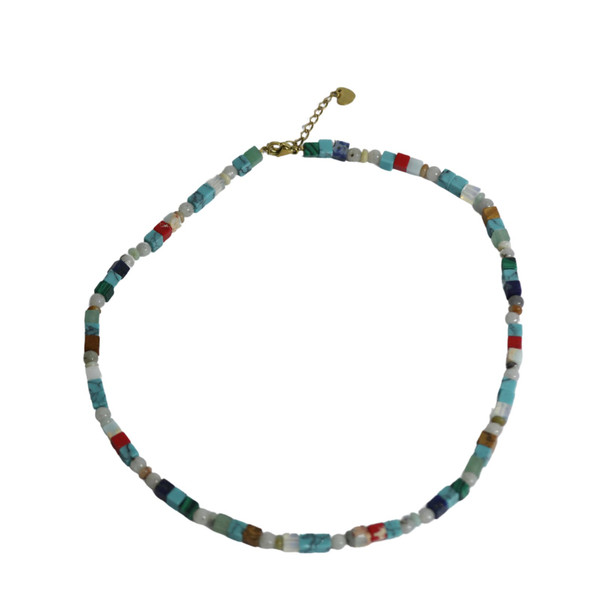 JANALM23A Necklace -Shades Of Blue Square Beads And Pearls