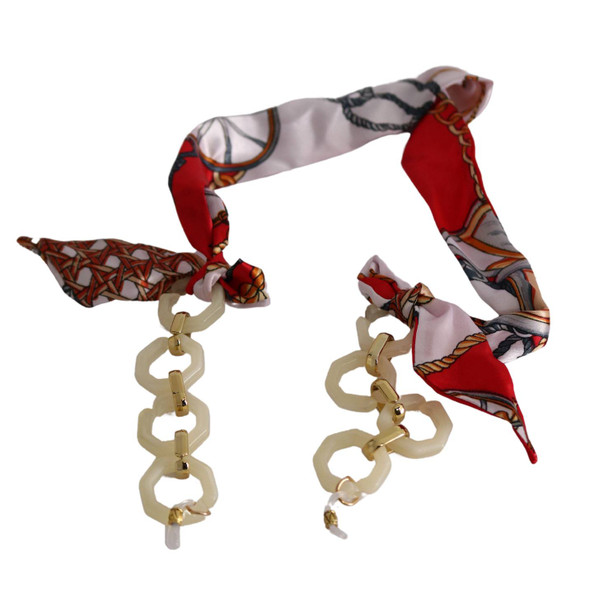 JANAA01C Glasses Chain - Red And White Ribbon, White Stone Chain