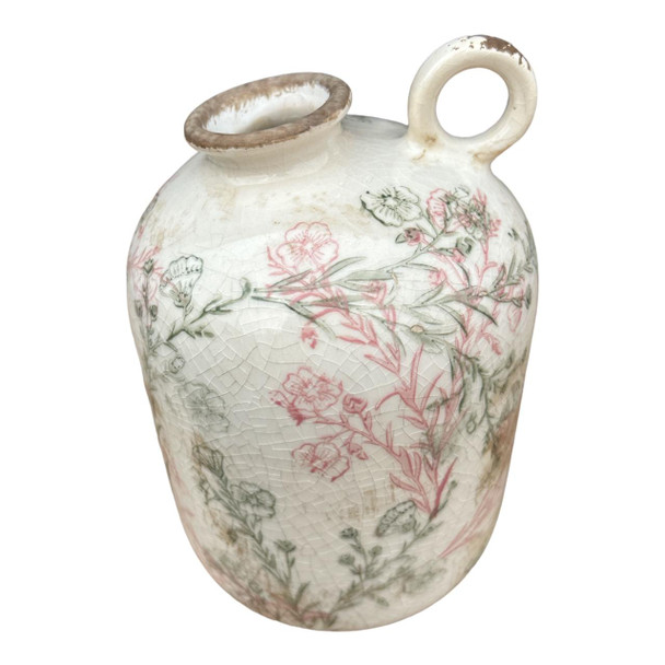 P7233633 Ceramic One Ear Jug - Green And Pink Floral Outlines