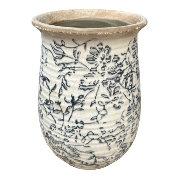P4763094 Ceramic Vase - Black Floral Silhouettes, Rippled Body