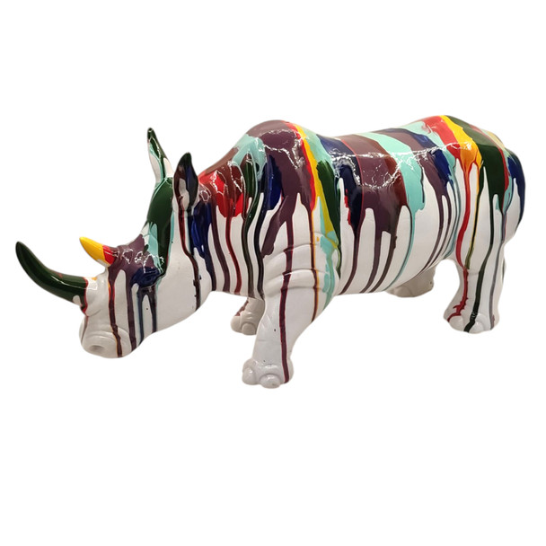 G489A Animal Figurine - Colourful Paint Drips Rhino