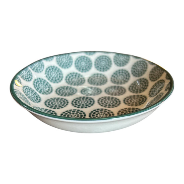 CB387K Ceramic Flat Bowl - Green Dotted Circles