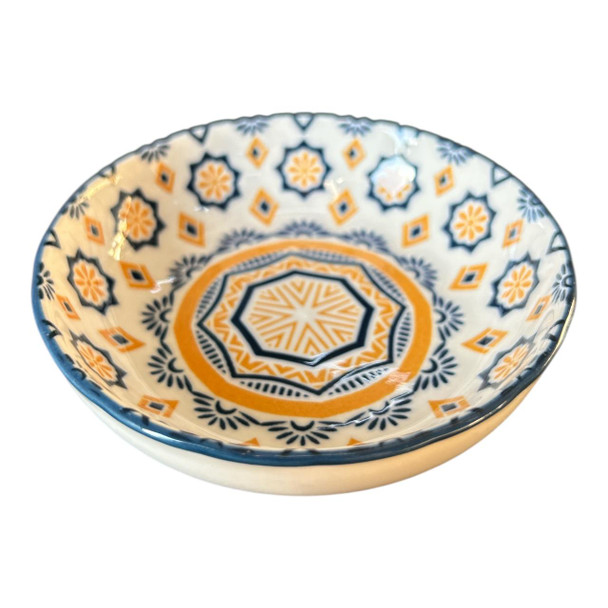 ZY035B Ceramic Flat Bowl - Yellow Flowers Blue Diamonds