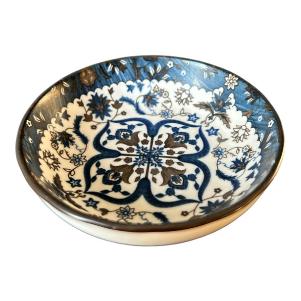 ZY035D Ceramic Flat Matt Bowl - Blue And Brown Flowers