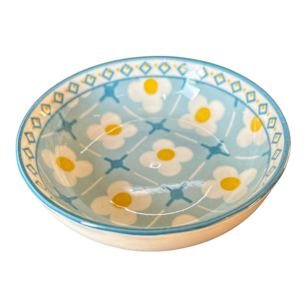 ZY035H Ceramic Flat Bowl - White Flowers, Blue Blocks