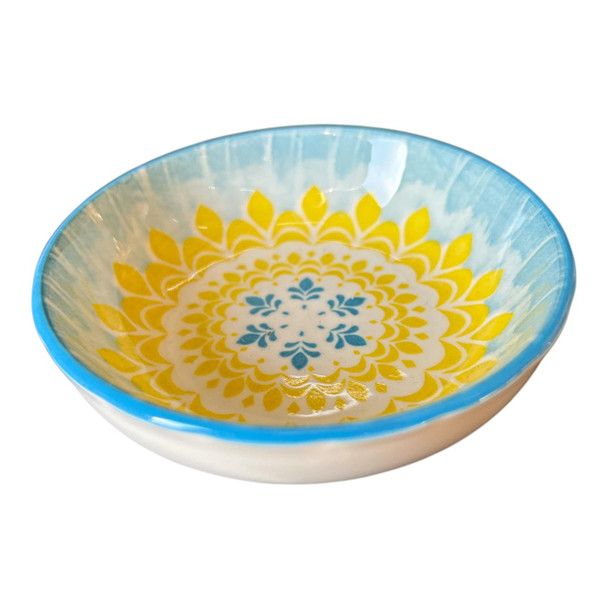 ZY035J Ceramic Flat Bowl - Yellow And Blue Mandala