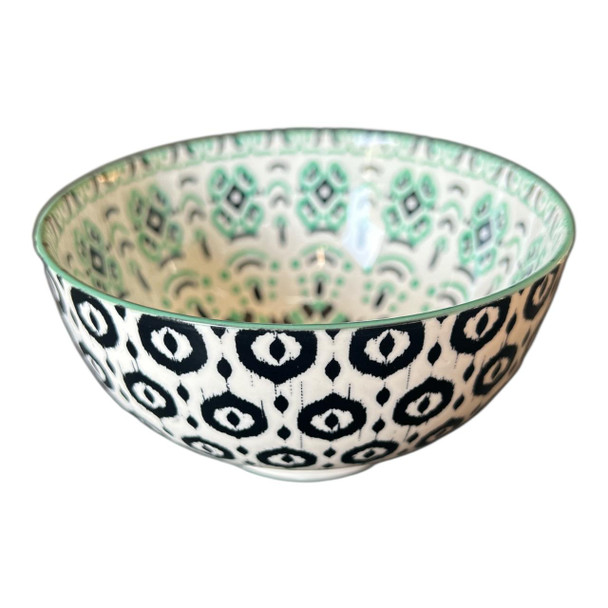 ZY060A Ceramic Bowl - Green Black Mandala, Black Circles.
