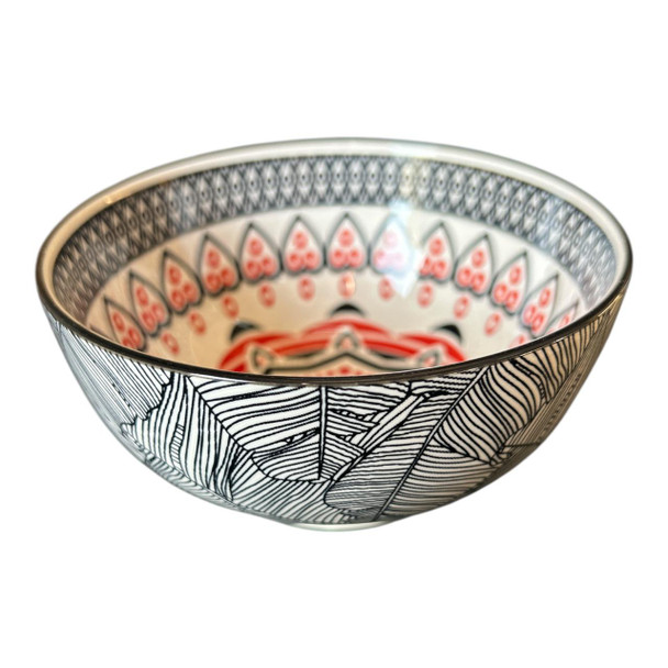 ZY060C Ceramic Bowl - Red Black Mandala, Black Banana Leaves.