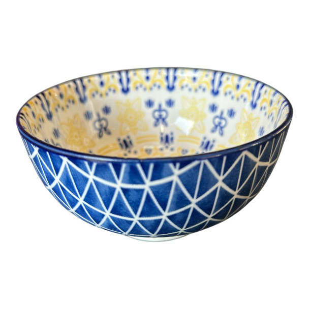 ZY060D Ceramic Bowl - Yellow Flowers, Blue Triangles.