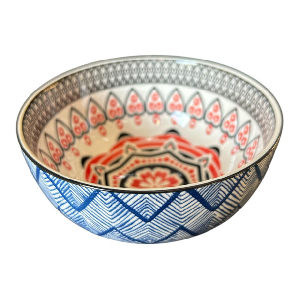 ZY060F Ceramic Bowl - Black Red Mandala, Blue ZigZags.