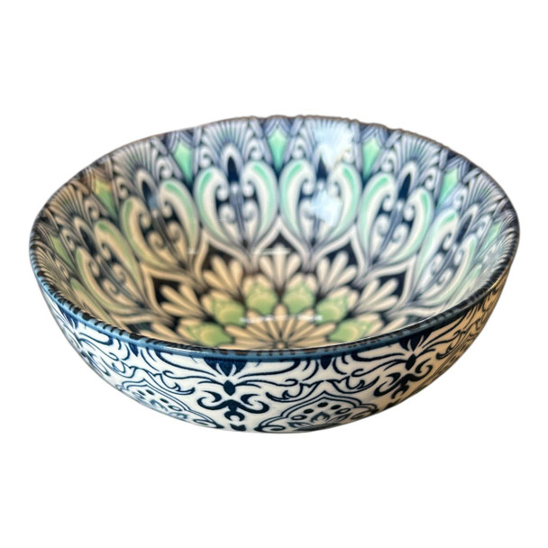 ZY026G Ceramic Bowl - Green Blue Mandala, Blue Flares.