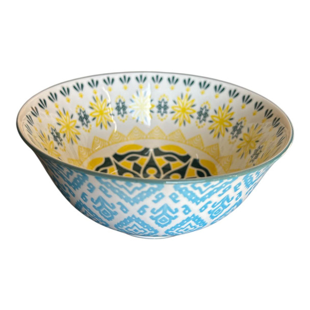 ZY004F Ceramic Bowl - Green Yellow Mandala, Blue Diamonds
