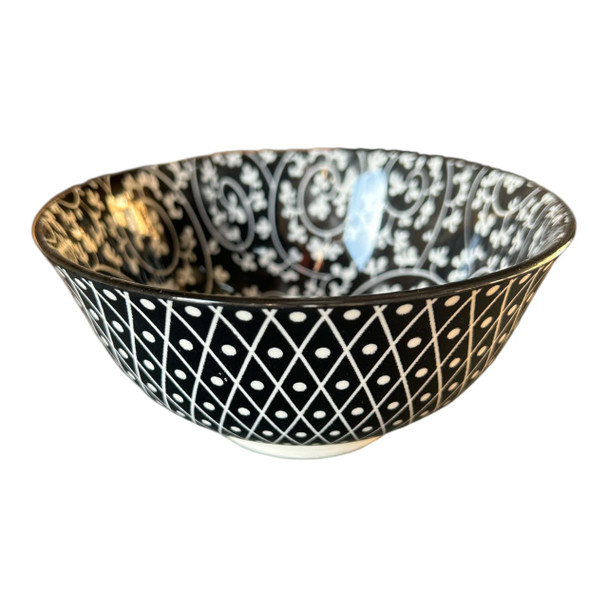 ZY004I Ceramic Bowl - White Twirls Vines, Diamonds And Dots