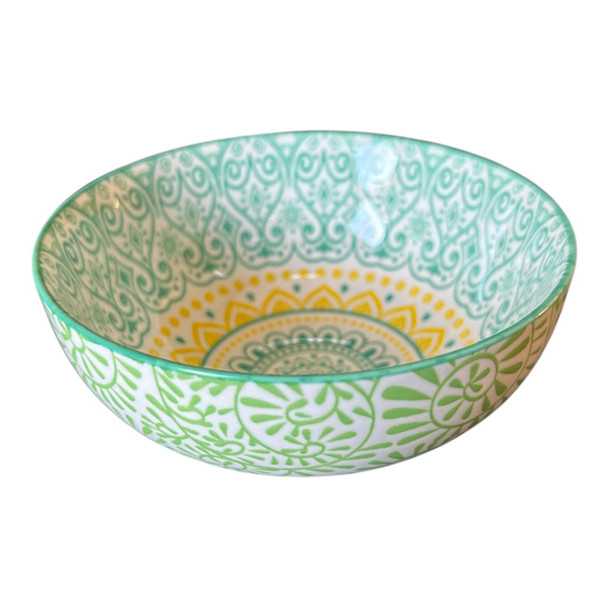 ZY026B Ceramic Bowl - Green Yellow Flower, Green Twirls