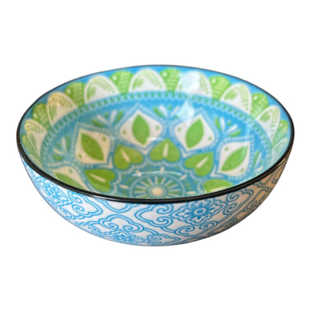 ZY026C Ceramic Bowl - Green Heartleaves, Blue Diamonds