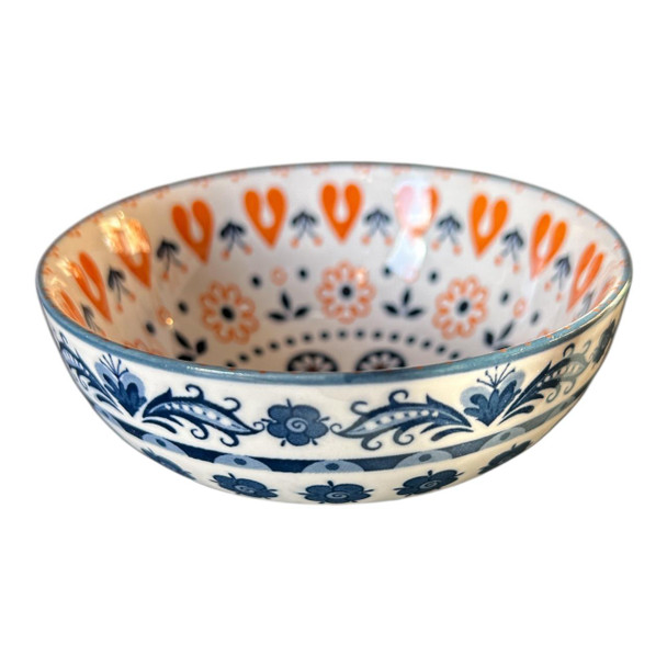 ZY026E Ceramic Bowl - Orange Hearts, Blue Flowers