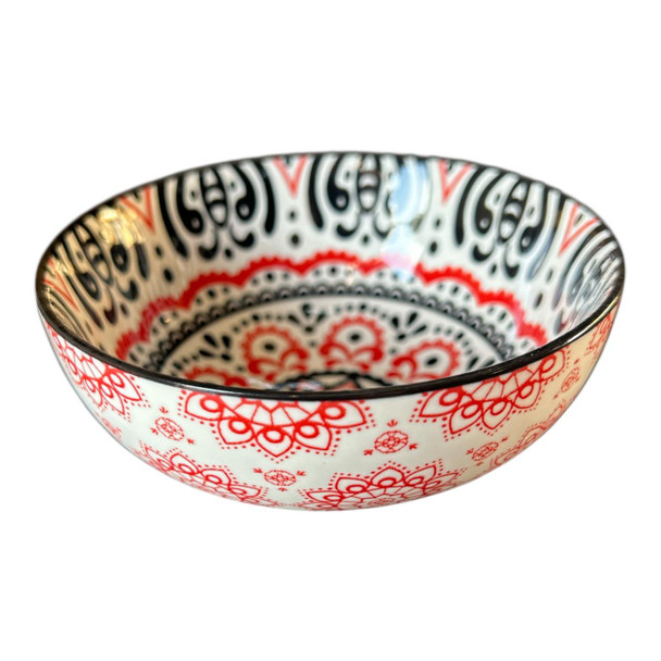 ZY026J Ceramic Bowl - Red Black Mandala, Red Flowers