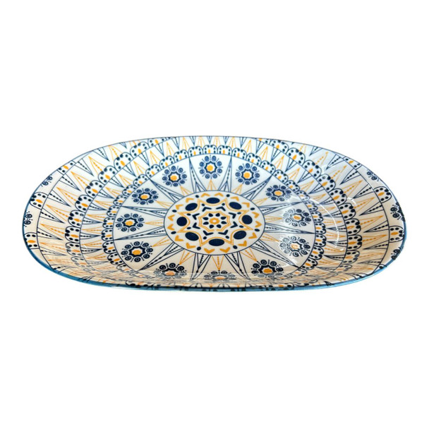 ZY0732D Ceramic Oval Bowl - Yellow And Blue Flowers And Lines