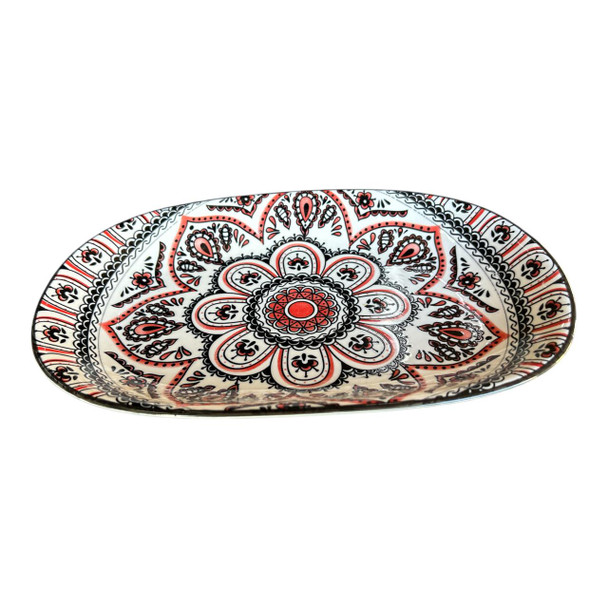 ZY0732F Ceramic Oval Bowl - Salmon And Black Mandala