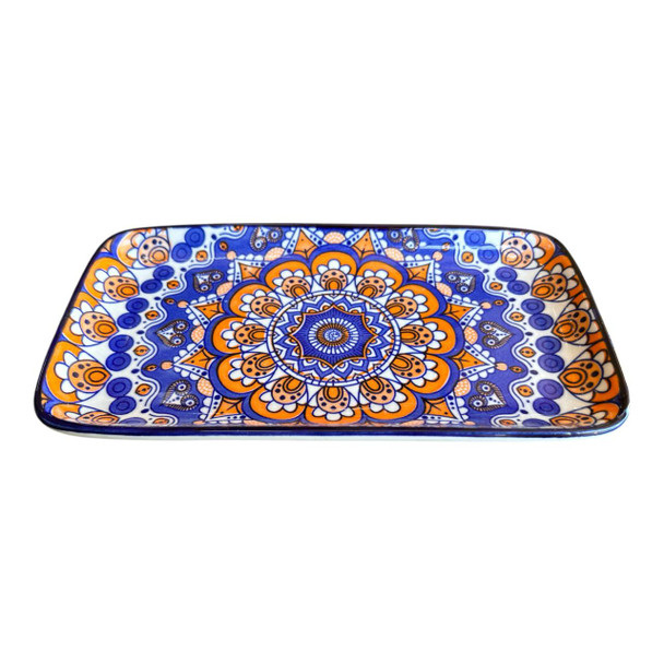 ZY007B Ceramic Rectangle Plate - Orange And Blue Mandala