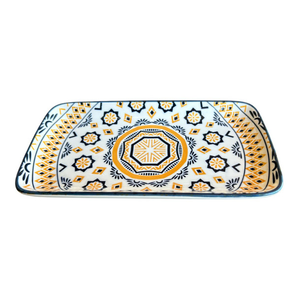 ZY007C Ceramic Rectangle Plate - Black And Orange Diamonds
