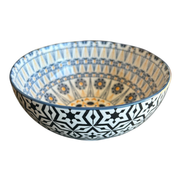 ZY005B Small Ceramic Salad Bowl - Yellow Hearts Blue Lines Black Stars
