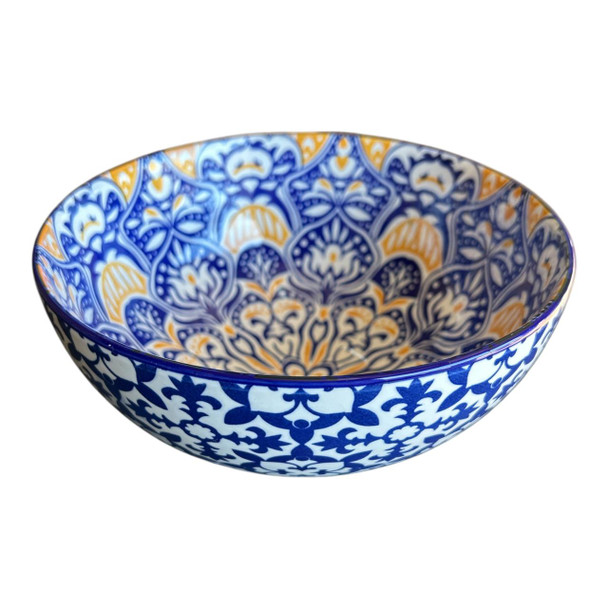ZY005C Small Ceramic Salad Bowl - Blue Orange Mandala Blue Floral