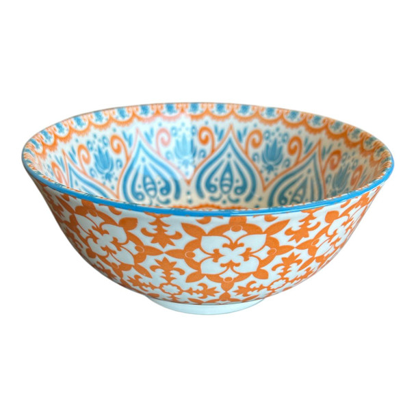 ZY037C Ceramic Bowl - Orange Blue Mandala, Orange Florals