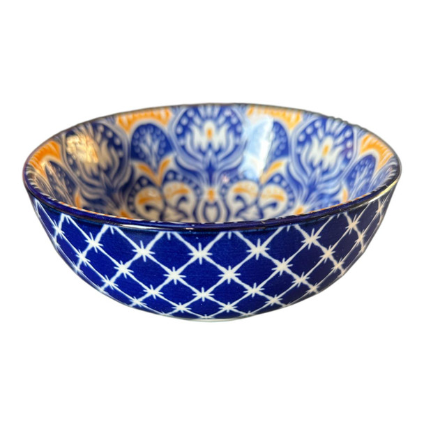 ZY0027C Ceramic Bowl - Blue Orange Mandala, Blue Diamonds