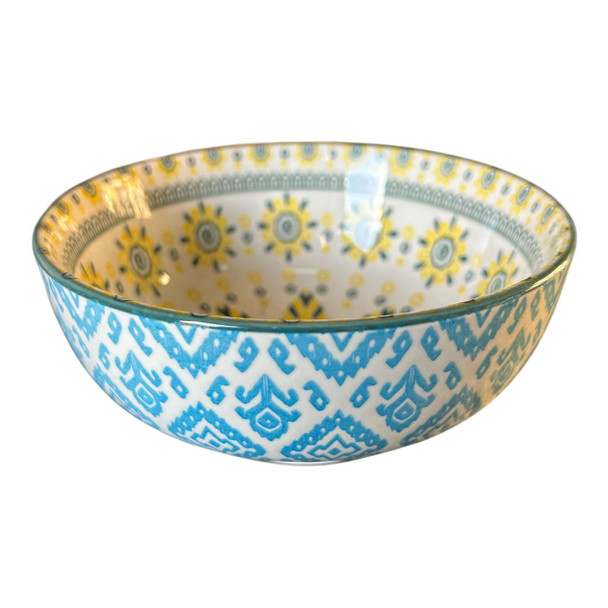 ZY0027D Ceramic Bowl - Yellow Flowers Circles, Blue Diamonds