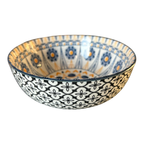 ZY0027G Ceramic Bowl - Orange Hearts Blue Lines, Black Flares