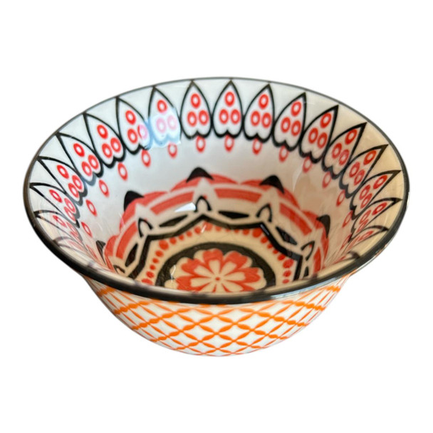 ZY057A Tiny Ceramic Bowl - Black Hearts, Orange Grids