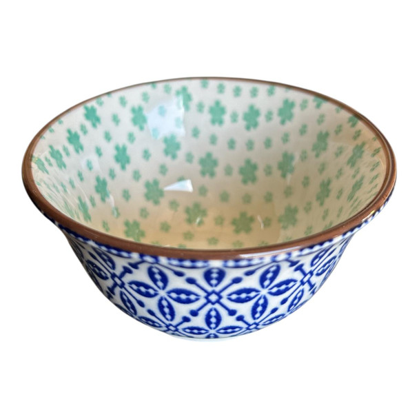 ZY057F Tiny Ceramic Bowl - Tiny Green Flowers, Blue Grids