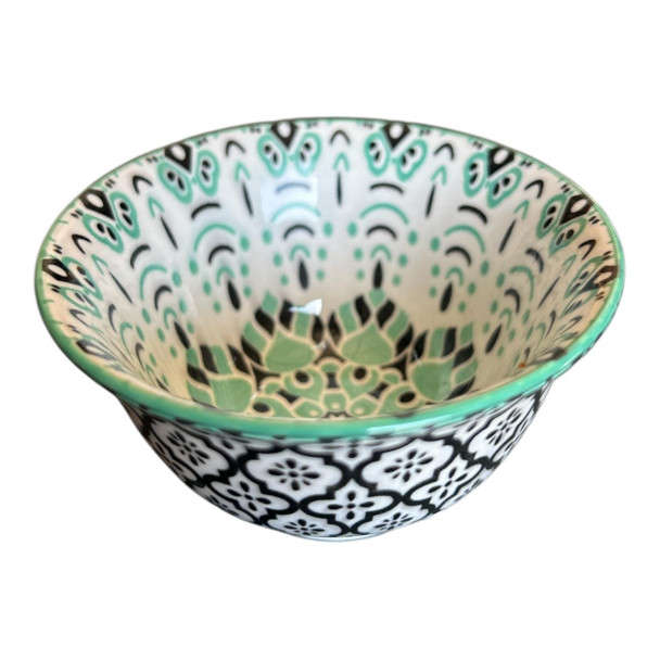 ZY057G Tiny Ceramic Bowl - Green Grey Mandala, Black Flairs