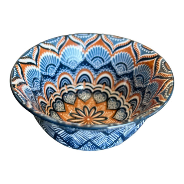 ZY057H Tiny Ceramic Bowl - Blue Brown Mandala, Blue ZigZags