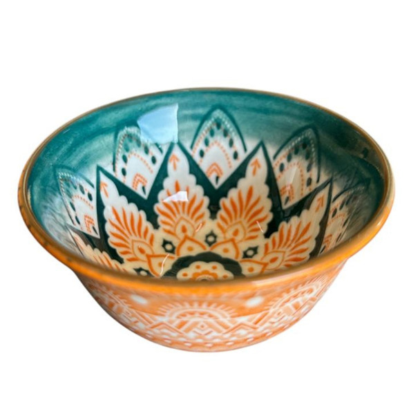 ZY057I Tiny Ceramic Bowl - Green Orange Flower, Orange Lace