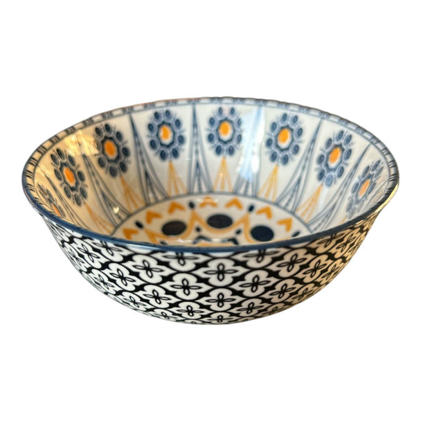ZY003C Ceramic Bowl - Orange Hearts Blue Lines, Black Flares