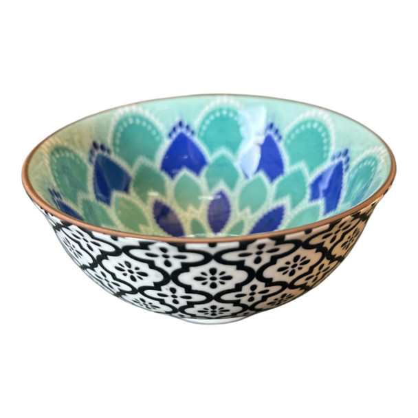ZY003K Ceramic Bowl - Green Blue Mandala, Black Flares
