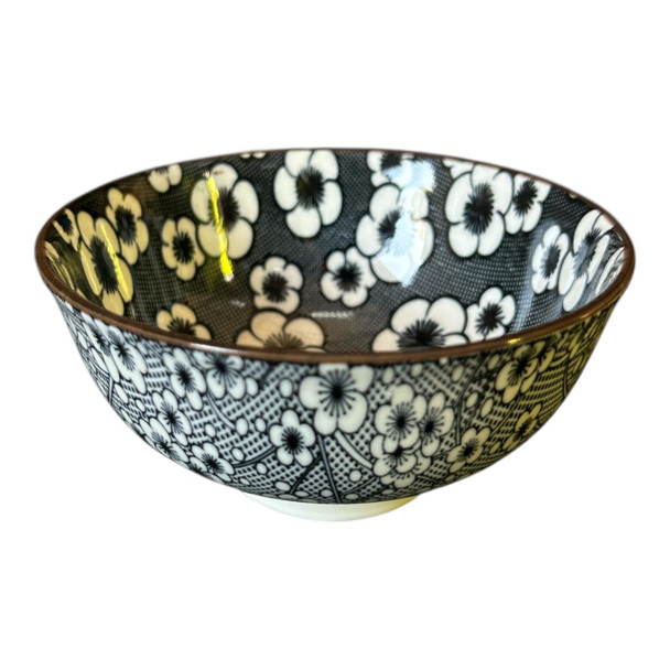 ZY003M Ceramic Bowl - White Flowers On Black
