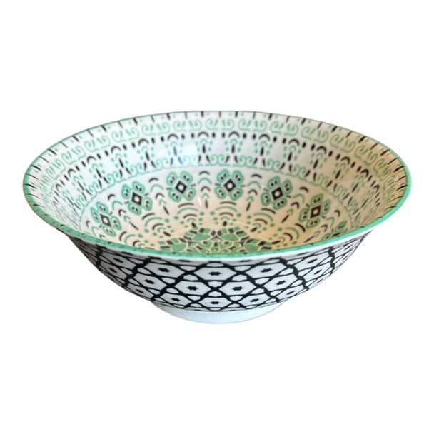 ZY006E Ceramic Bowl - Green Black Mandala, Black Grids