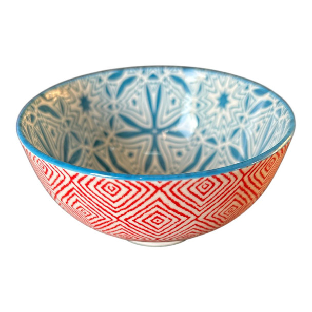 ZY017E Ceramic Bowl - Blue Snowflakes, Red Diamonds
