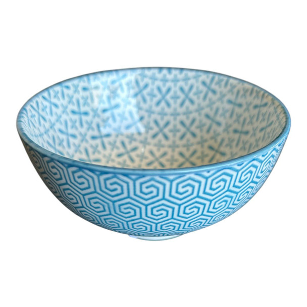 ZY017F Ceramic Bowl - Blue Crosses, Blue Geometric Twirls