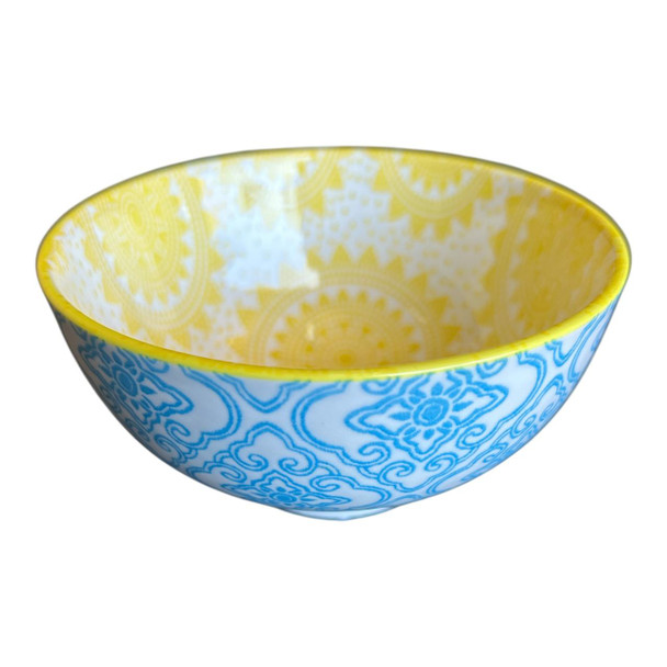 ZY017J Ceramic Bowl - Yellow suns, Green Diamonds Flares