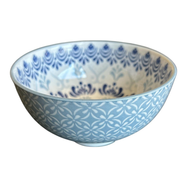 ZY017N Ceramic Bowl - Blue Light Blue Fleurs, Grey Intertwine Grids