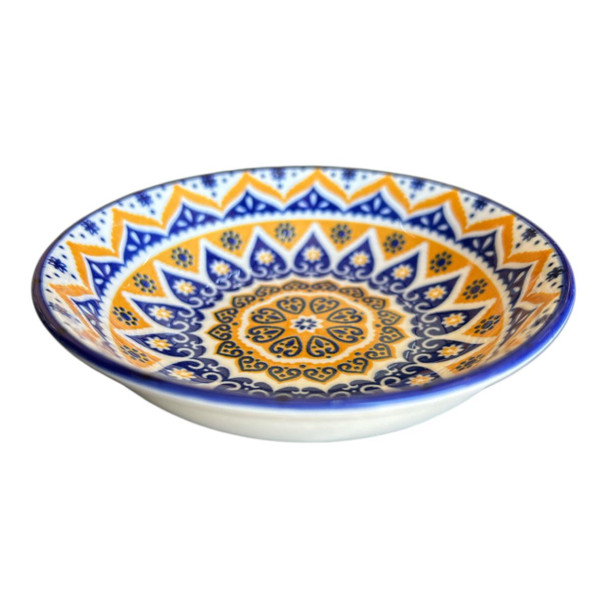 ZY001B Small Ceramic Flat Bowl - Orange Blue Mandala