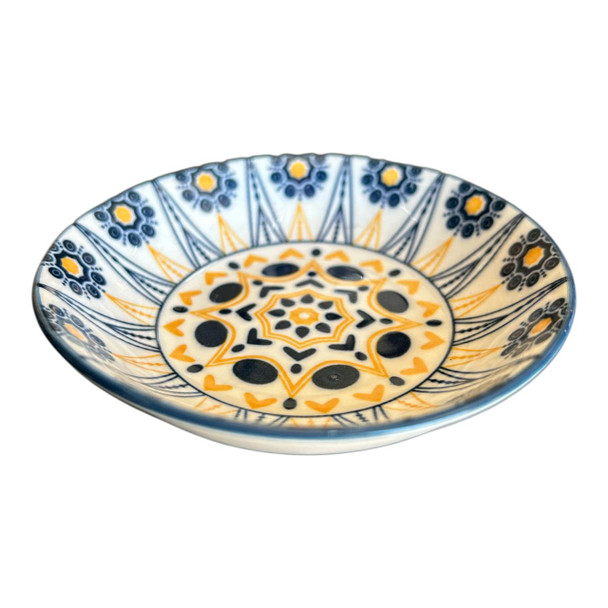 ZY001F Small Ceramic Flat Bowl - Orange Hearts, Blue Lines