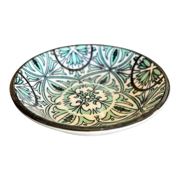 ZY001G Small Ceramic Flat Bowl - Green Black Mandala