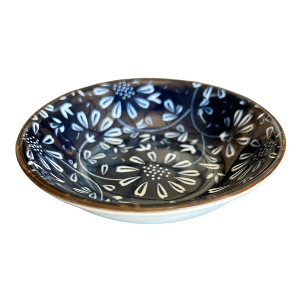 ZY001I Small Ceramic Flat Bowl - White Flowes On Deep Blue